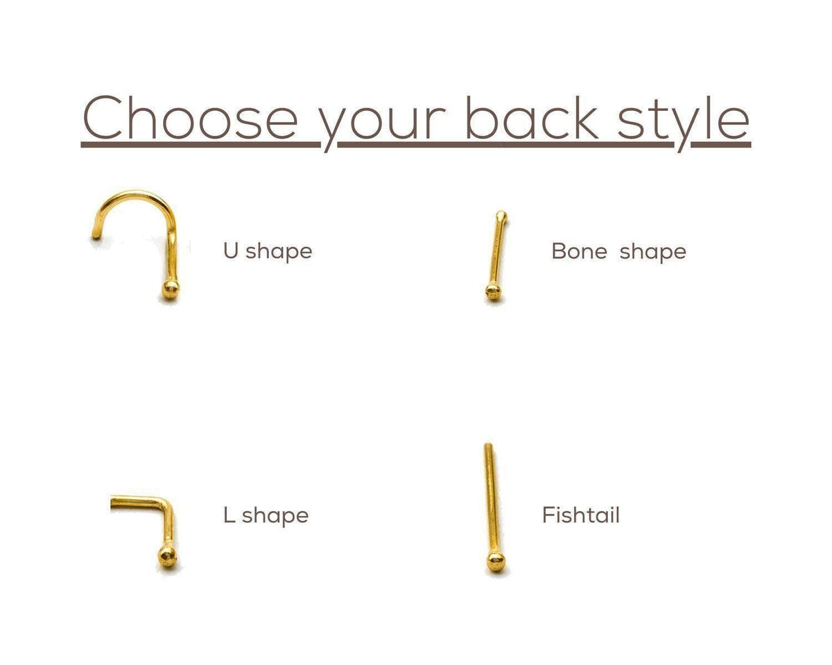 four different types of nose piercings, each with a unique shape: U-shaped, Bone-shaped, L-shaped, and Fishtail.