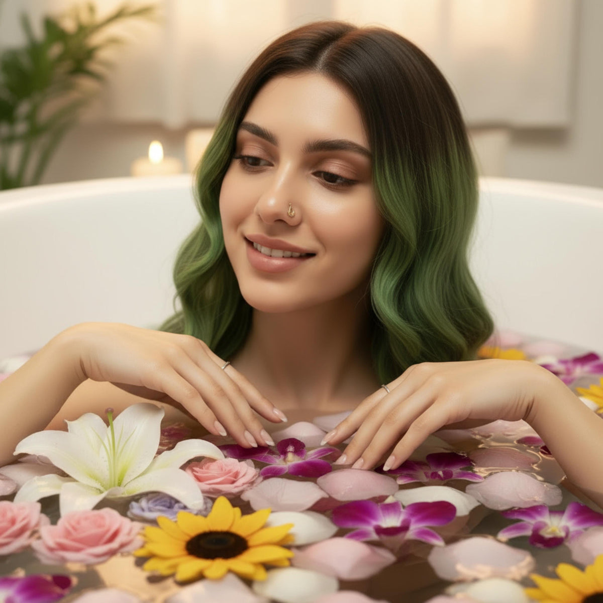 A woman with long, wavy green hair is sitting in a bathtub filled with colorful flower petals, smiling and looking at the camera.