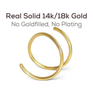 Double Hoop Huggie Earrings: a pair of gold hoop earrings with a caption stating that they are real solid 14k/18k gold, without any fillings or plating.