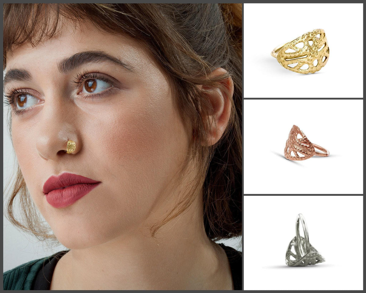 A collage of four images featuring different types of rings on a woman's face.