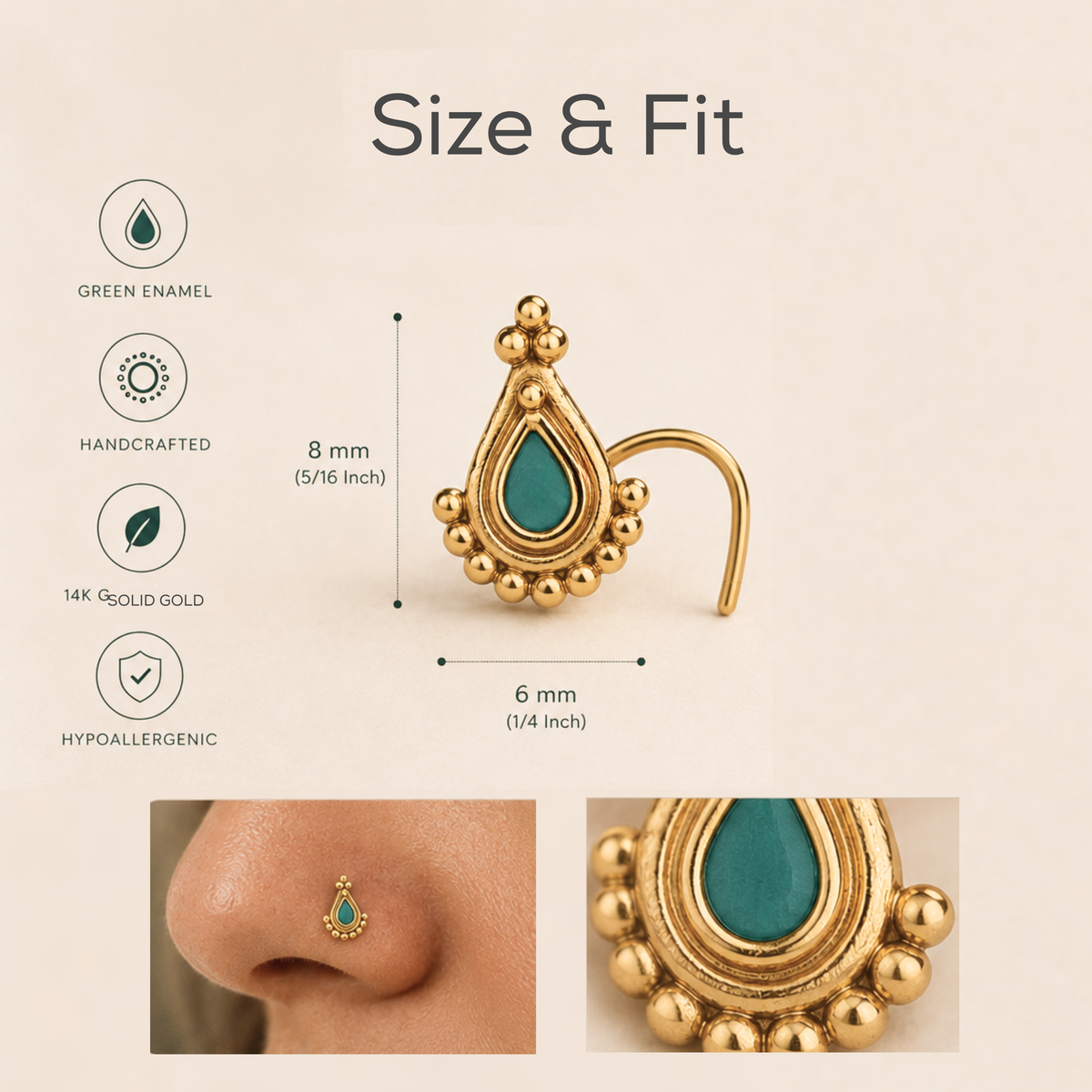The image is a collage of three photos featuring a gold earring with a teal stone. The earring has a green stone and is described as a size and fit earring. The earring is shown in different sizes, with the largest one being 6 mm in size and the smallest one being 14 karat gold. The earring is also described as being handcrafted and hypoallergenic.