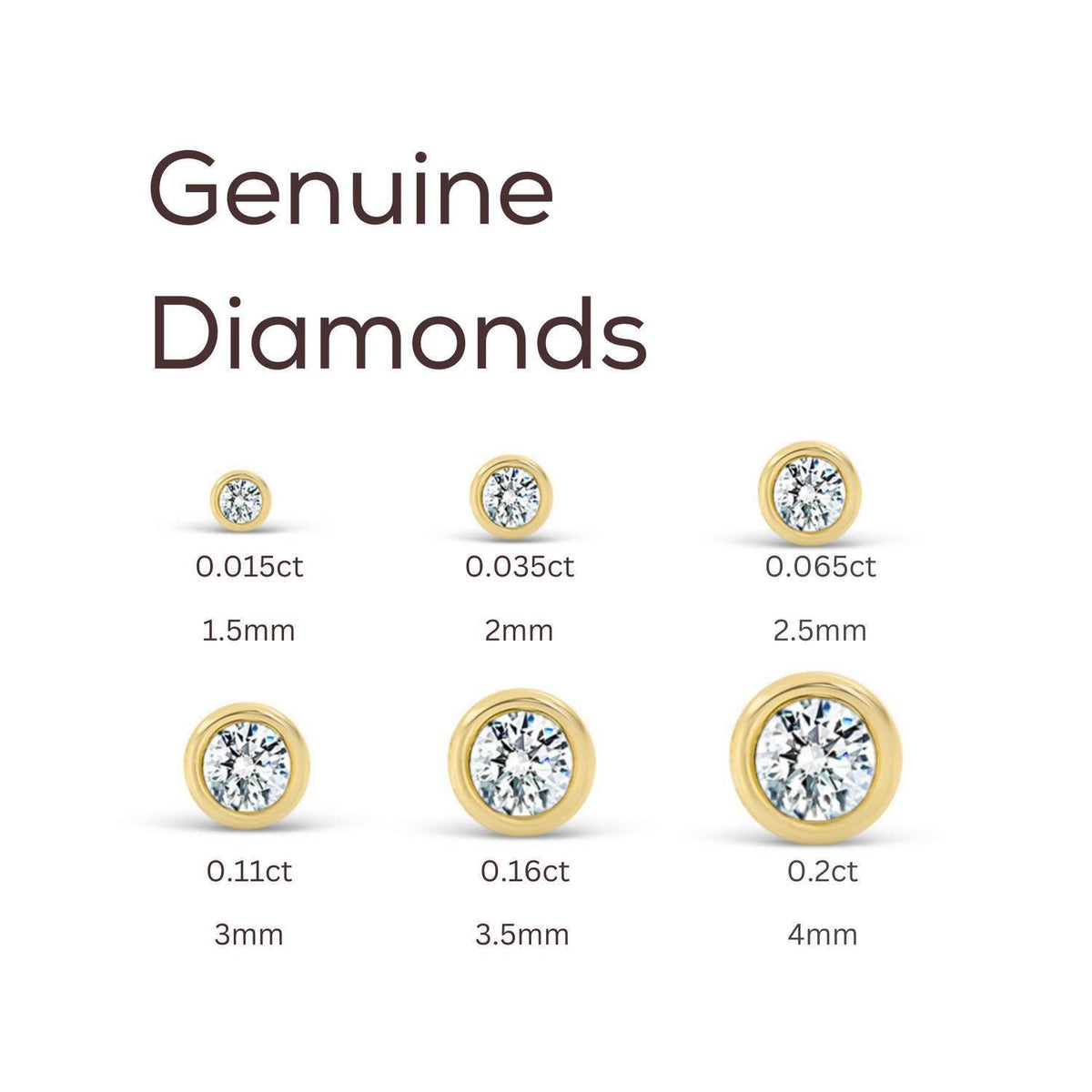 a collection of diamond sizes, ranging from 0.01 to 4mm, with the exception of 0.5mm. The diamonds are all genuine and are presented in a collage format, with each size represented by a single image.