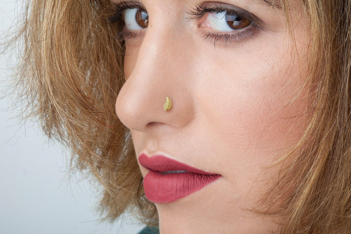 14k Gold Nose Stud - Delicate Leaf Shaped Nose Ring | Solid Yellow Rose White Gold