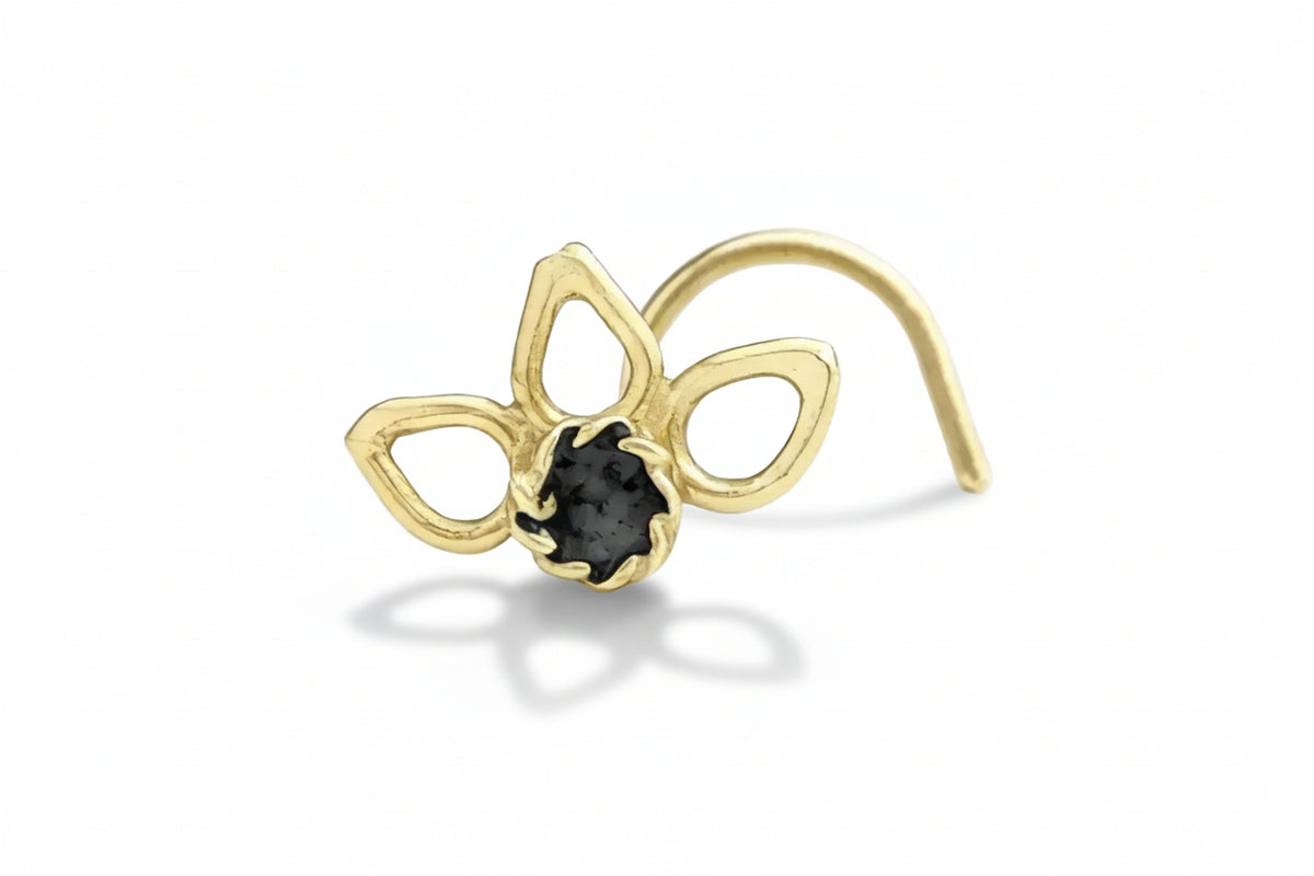 Flower Nose Stud: A gold-colored nose ring with a black gemstone in the center.