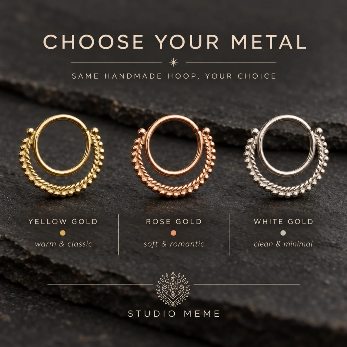 three different types of metal hoop earrings, each with a unique color and design, arranged on a dark surface.