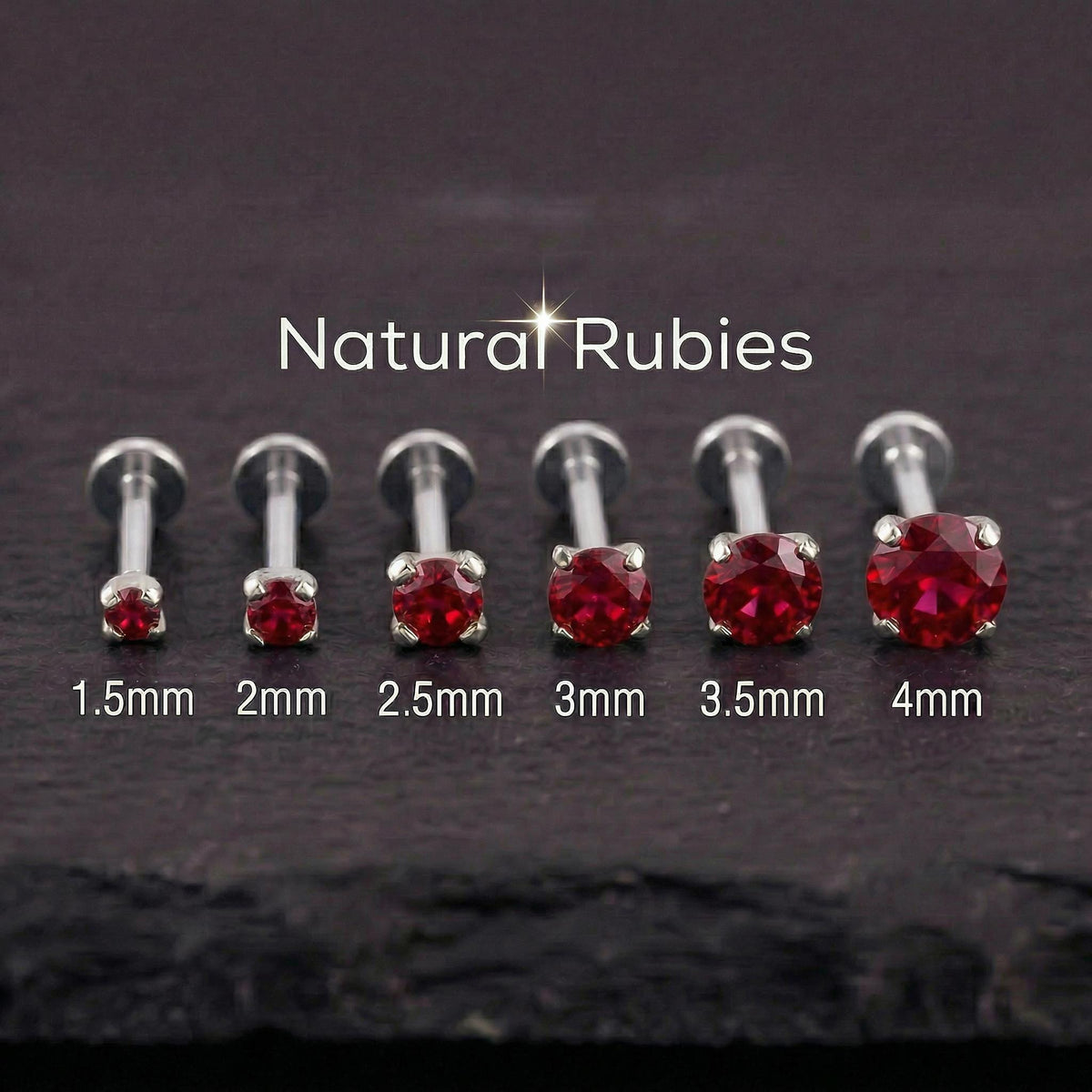 Ruby Nose Ring: A collection of red gemstone stud earrings with varying sizes, ranging from 1.5mm to 4mm, arranged in a row.