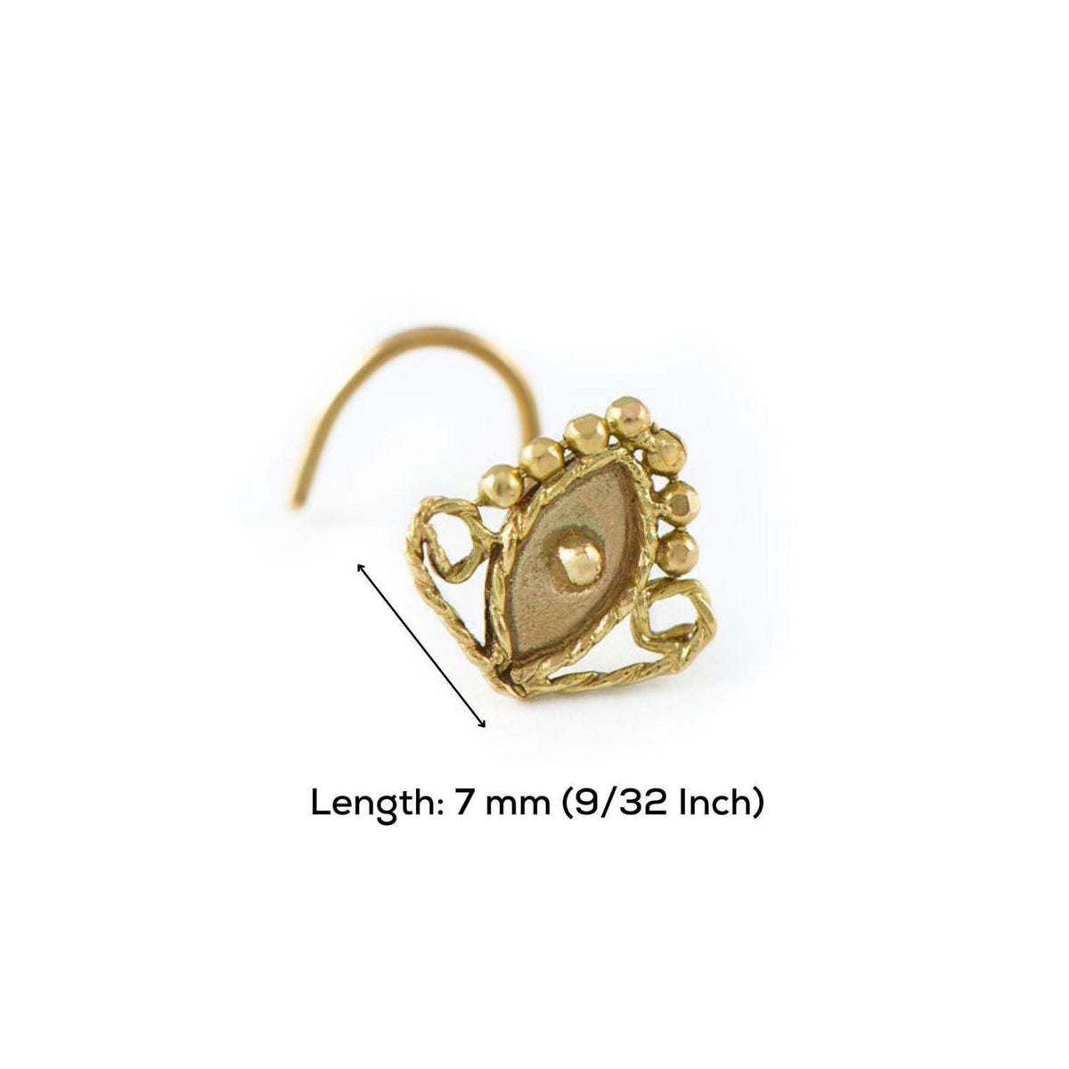 A gold-colored nose stud with a decorative design, accompanied by a measurement scale indicating its length is 7 millimeters (9/32 inches).