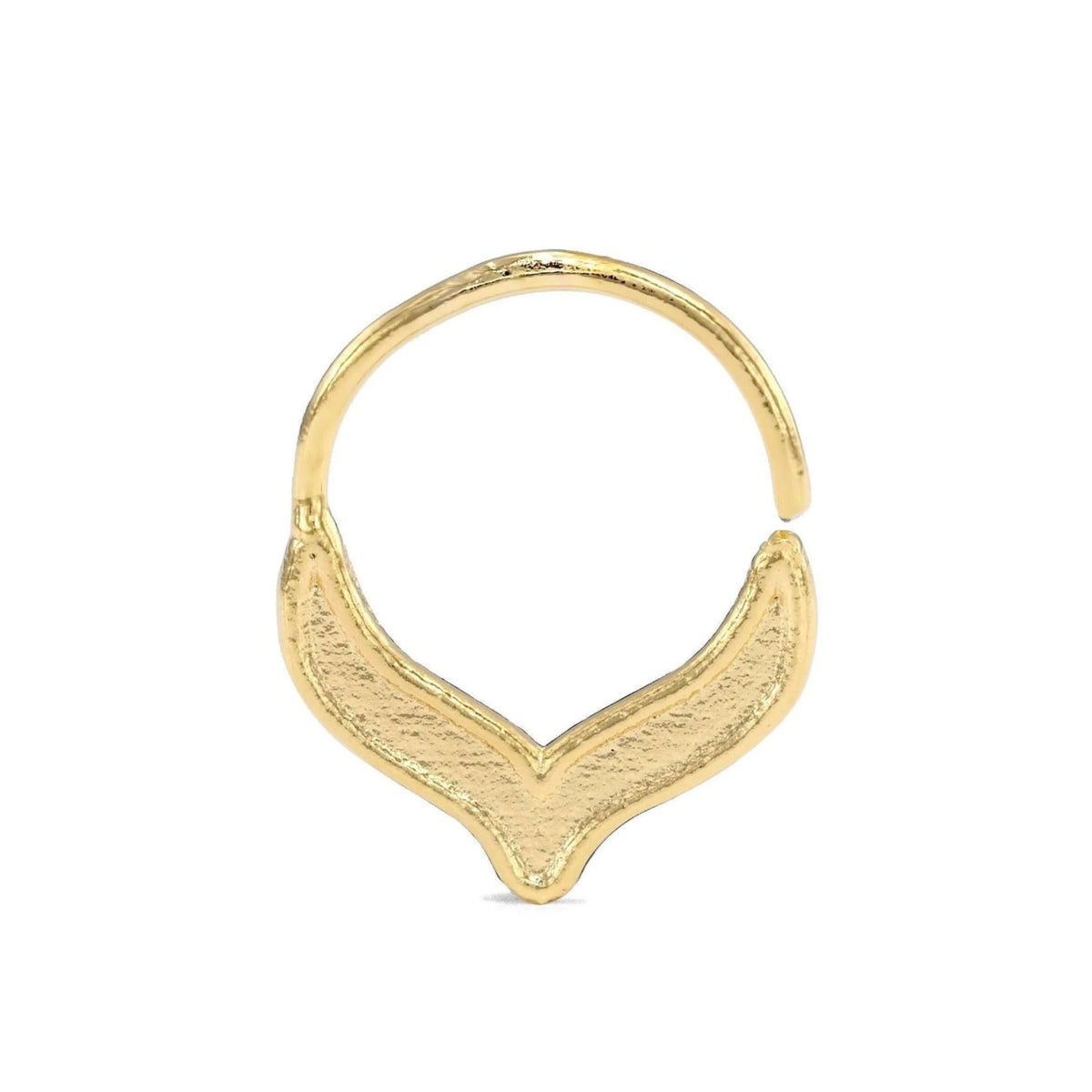 A gold-colored metal earring with a curved, V-shaped design.