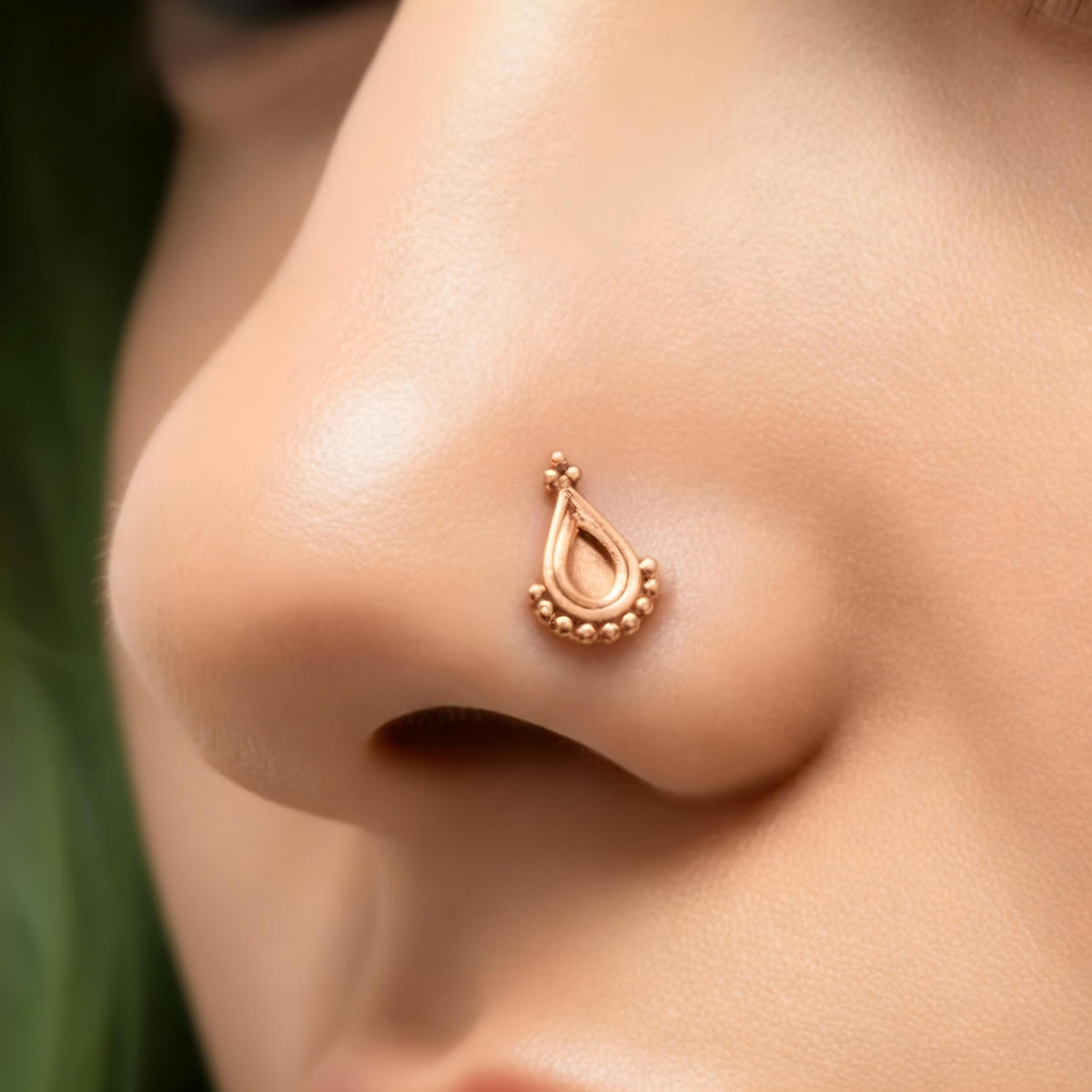 A close-up of a person's nose with a decorative gold-colored nose ring.