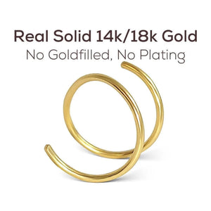 Double nose hoop: a pair of gold hoop earrings with a caption stating that they are real solid 14k/18k gold, without any fillings or plating.