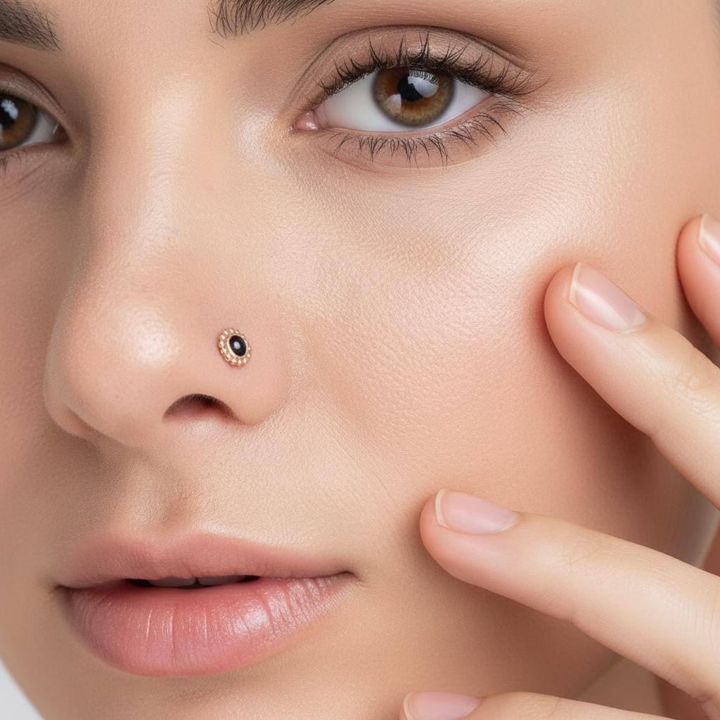 A close-up of a woman's face, focusing on her nose and fingers.
