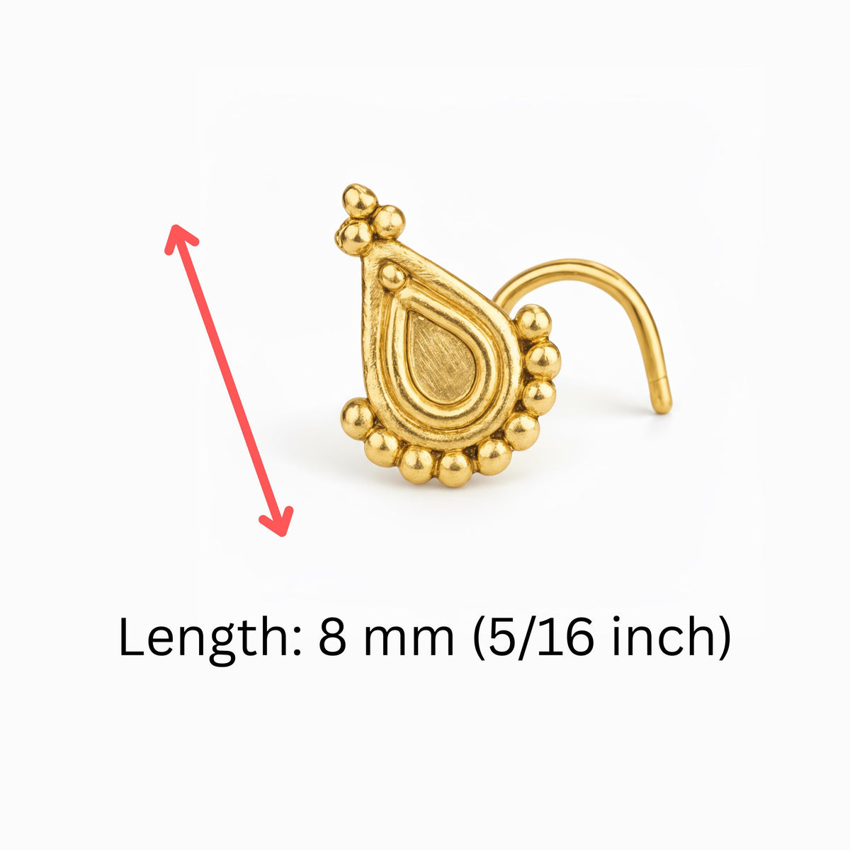 A gold nose ring with a decorative design, accompanied by a red arrow indicating the length of the nose ring in 8 millimeters (5/16 inch).