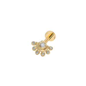 A gold-colored earring with a central diamond and multiple smaller diamonds surrounding it.
