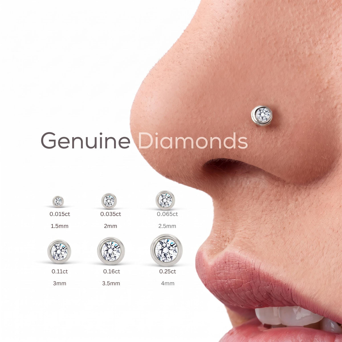 The image is a close-up of a person's nose with a diamond nose ring, accompanied by a series of diamond sizes and corresponding measurements.