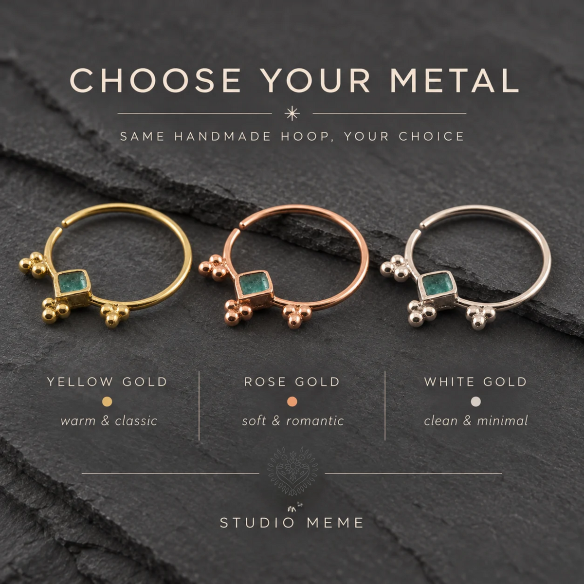 three different metal hoop earrings with gemstones, each with a unique color and style, arranged on a dark surface.