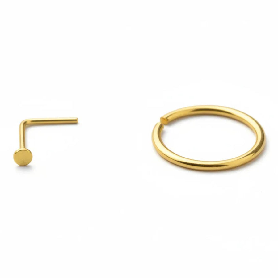 14k Gold Nose Rings - Everyday Minimal Nose Jewelry Set | Nickel Free Disk Stud & Hoop