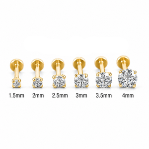 A collection of gold-colored diamond stud earrings, each with a different size ranging from 1.5mm to 4mm.