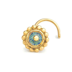 Sun Nose Stud: A gold-colored nose ring with a blue gemstone in the center.