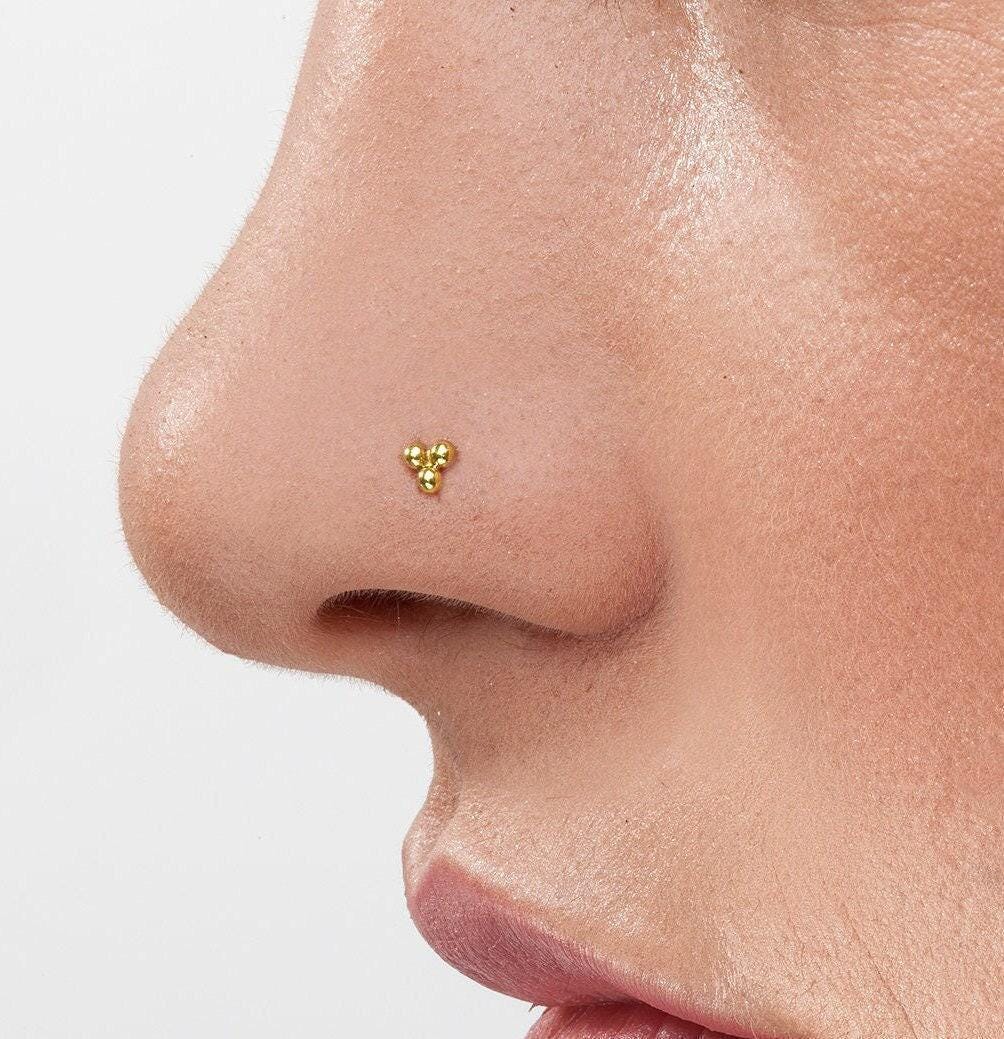 14k Gold Nose Stud: A close-up of a person's nose with a small gold-colored stud or piercing on it.