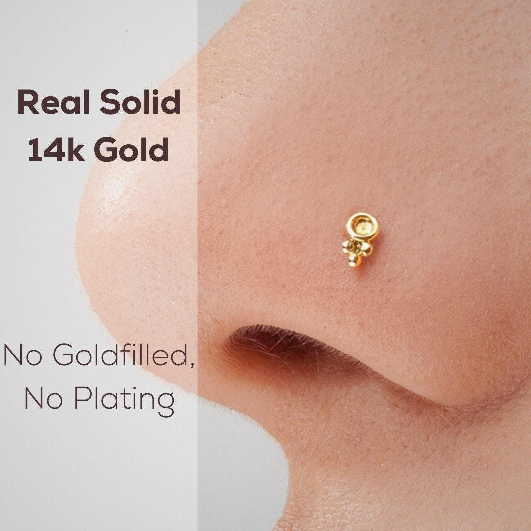 a close-up of a person's nose with a small gold nose stud.