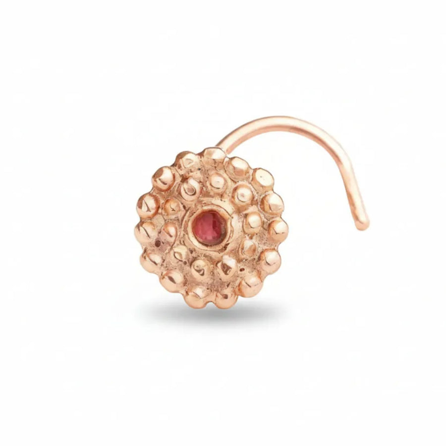 Indian Tribal Nose Stud – Solid 14K Gold Dainty Nostril Pin with Red Enamel Accent