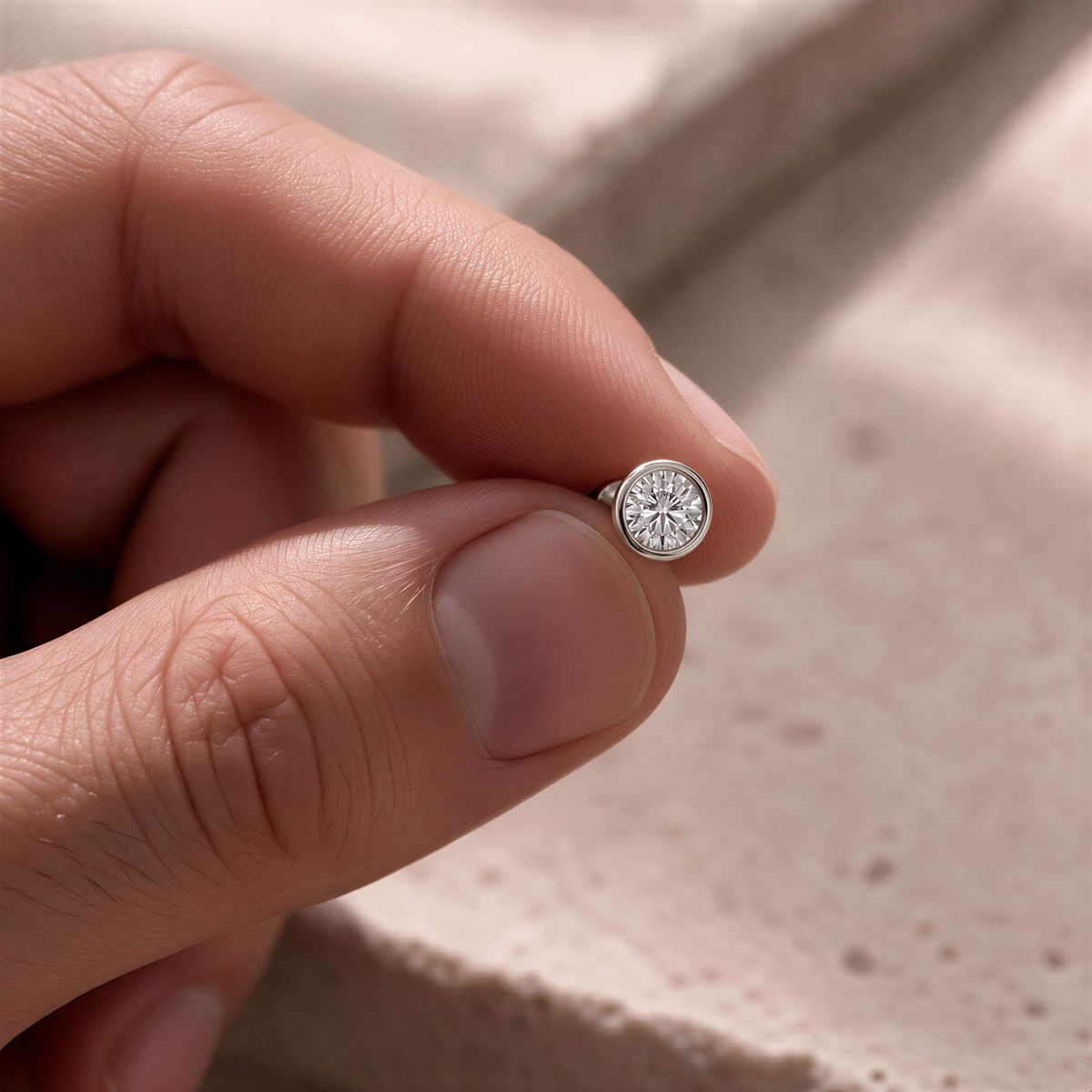 A person's hand holding a small, round diamond-encrusted ring.