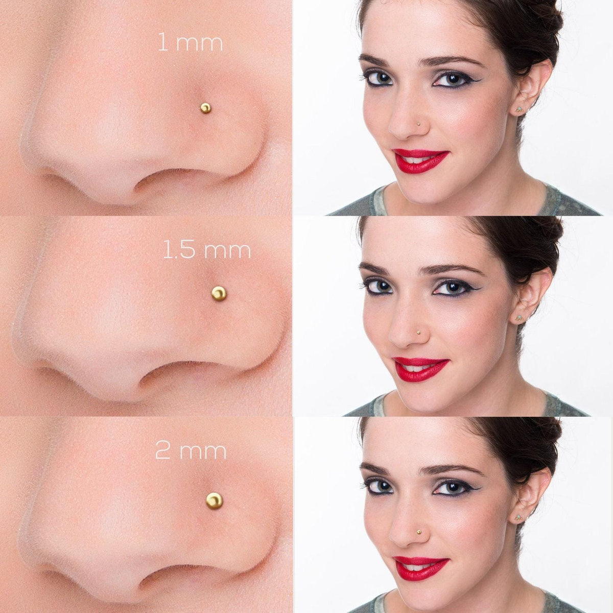 The image is a collage of four photos showing the size of a nose piercing at different millimeters, with a focus on the size of the nose stud.