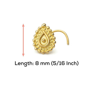 A gold-colored nose stud with an intricate design, accompanied by a measurement scale indicating the length of the nose stud is 8 millimeters (5/16 inch).