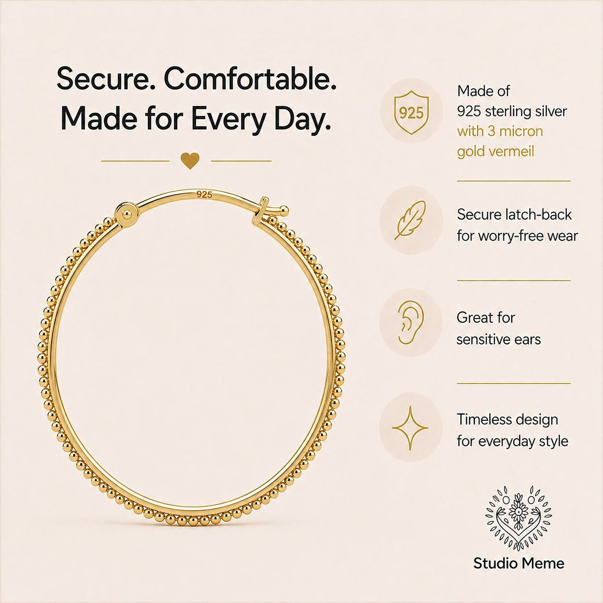 The image is a promotional graphic for a gold hoop earring, highlighting its security, comfort, and everyday appeal.