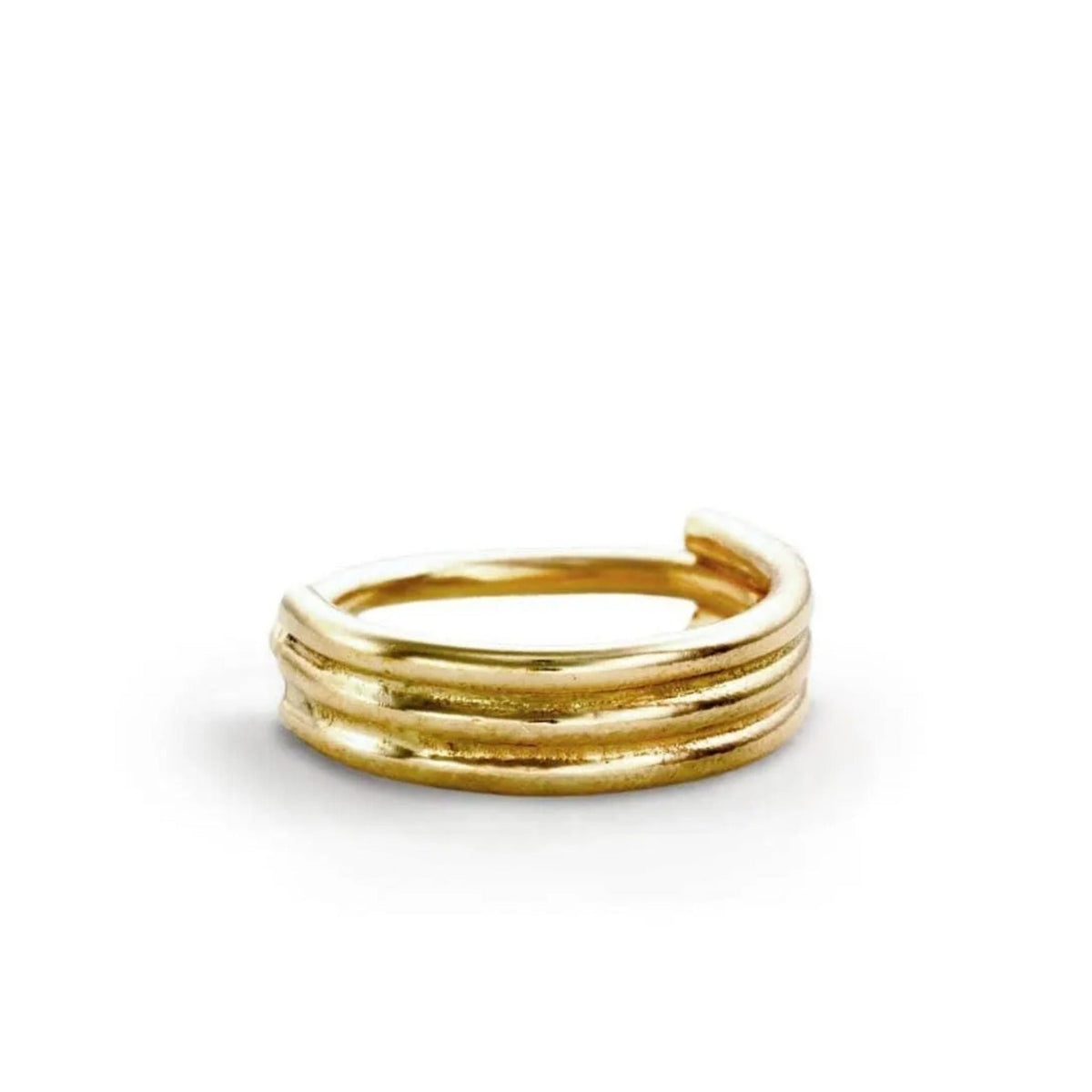 A gold ring with three concentric bands is shown against a white background.