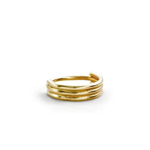 A gold ring with three concentric bands is shown against a white background.