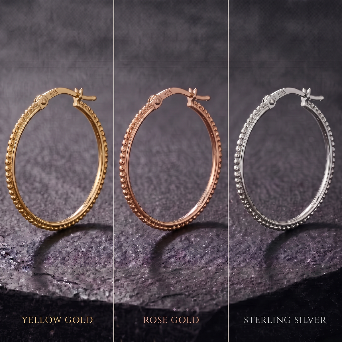 A collage of three images showing different colored gold hoop earrings against a dark background.