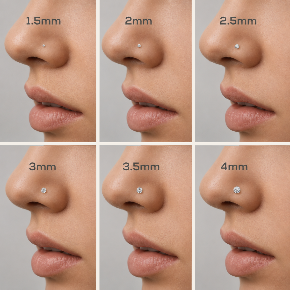 The image is a collage of six images showing the size of a nose stud in millimeters. The images depict the nose stud at different sizes, ranging from 1.5mm to 2.5mm.