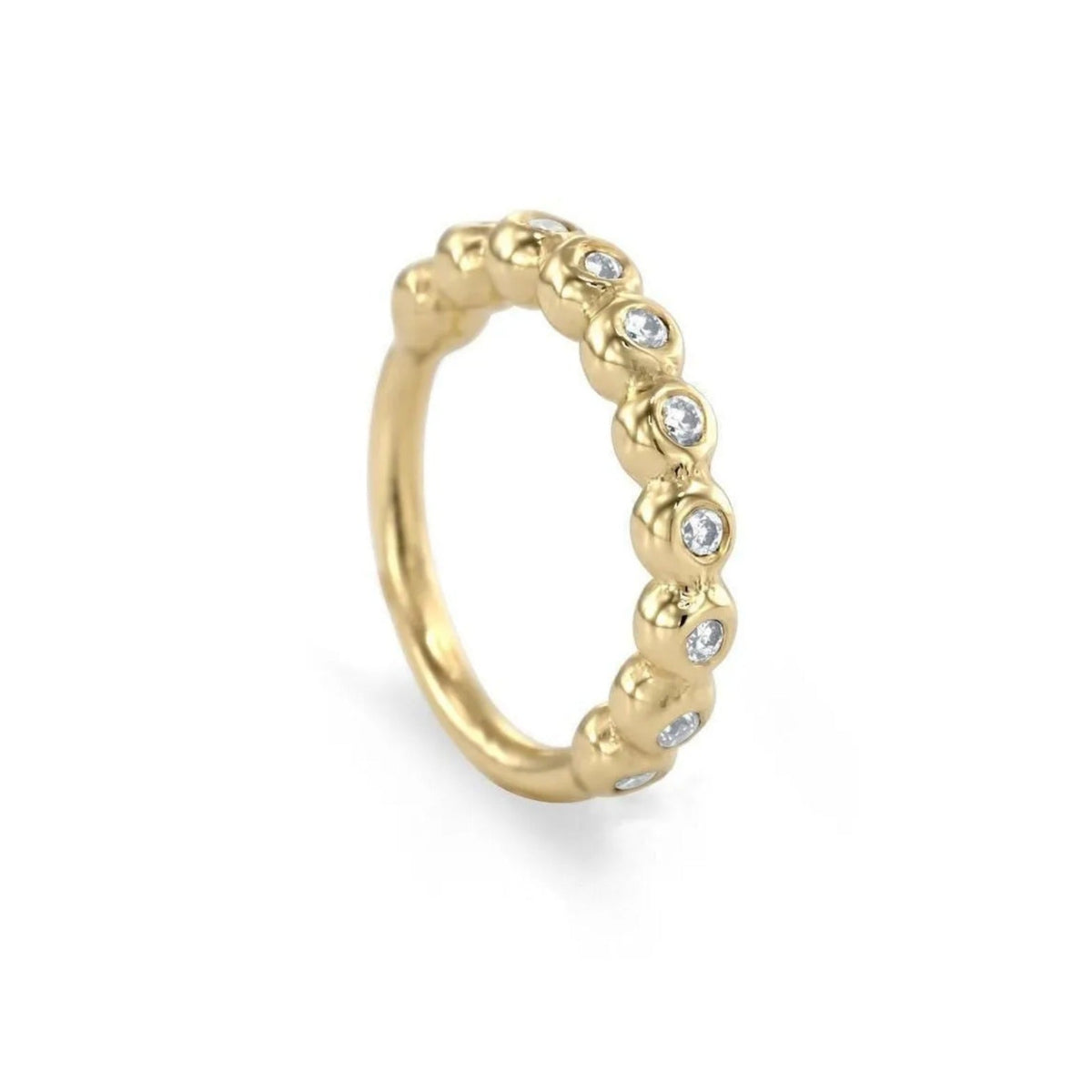 A gold ring with a row of small diamonds or gemstones set in the center.