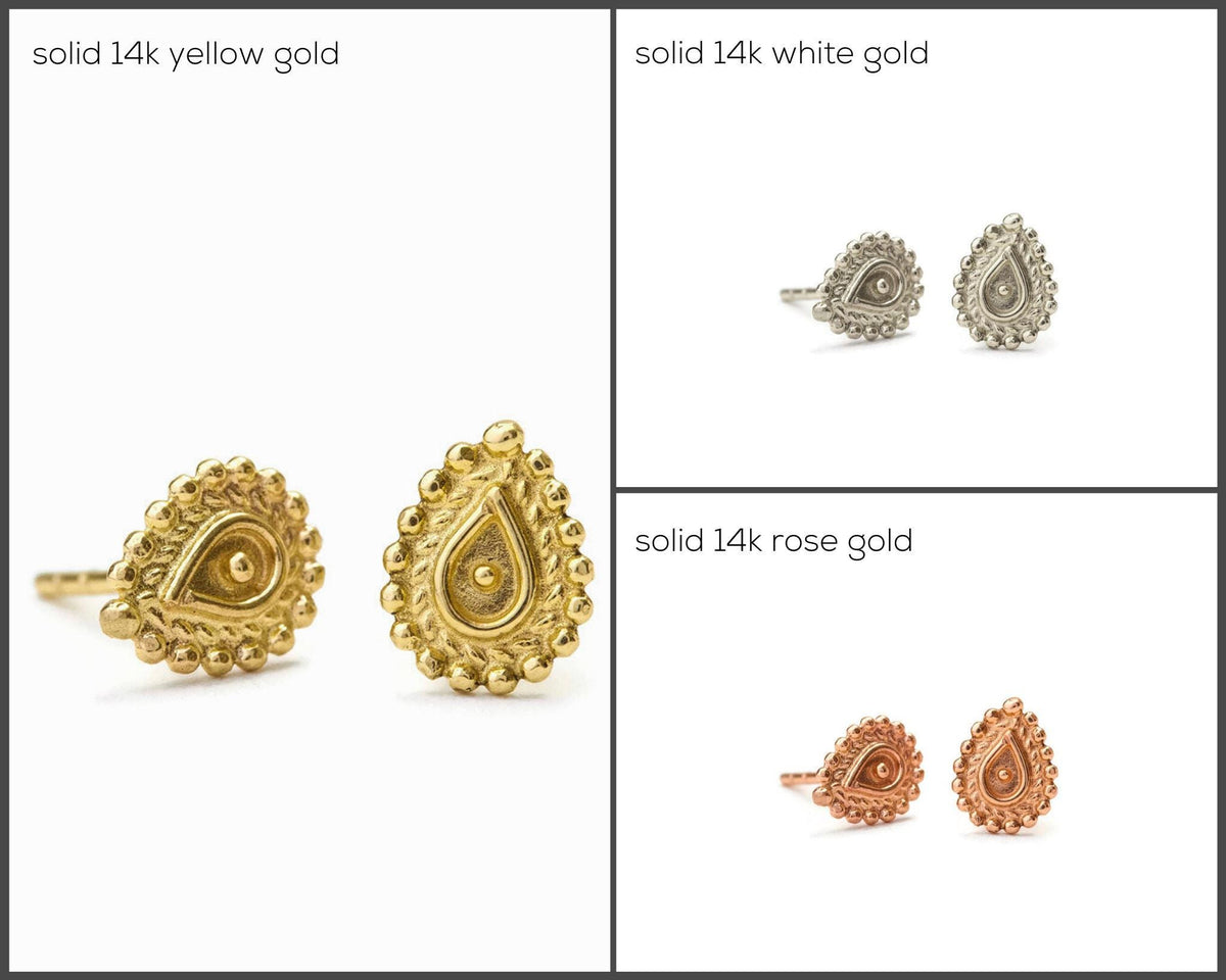 The image is a collage of four images showcasing different types of earrings, including solid 14k yellow gold, solid 14k white gold, solid 14k rose gold, and solid 14k copper.