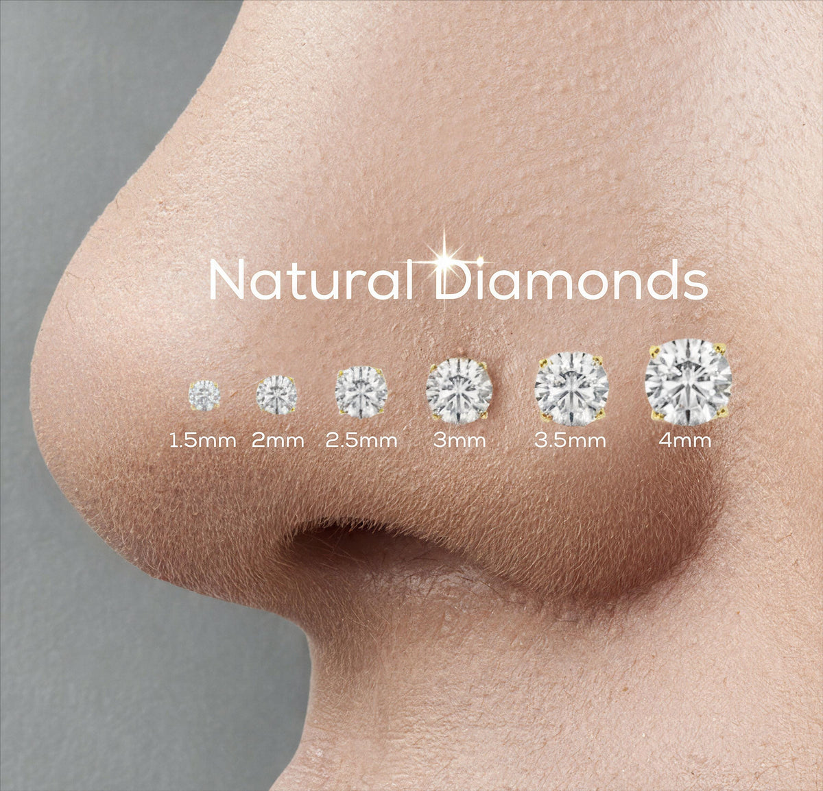 Diamond Nose Stud: a close-up of a person's nose with five diamond sizes labeled next to it, ranging from 1.5mm to 4mm.