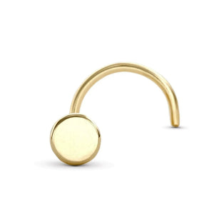 A gold-colored nose ring with a round, polished surface.