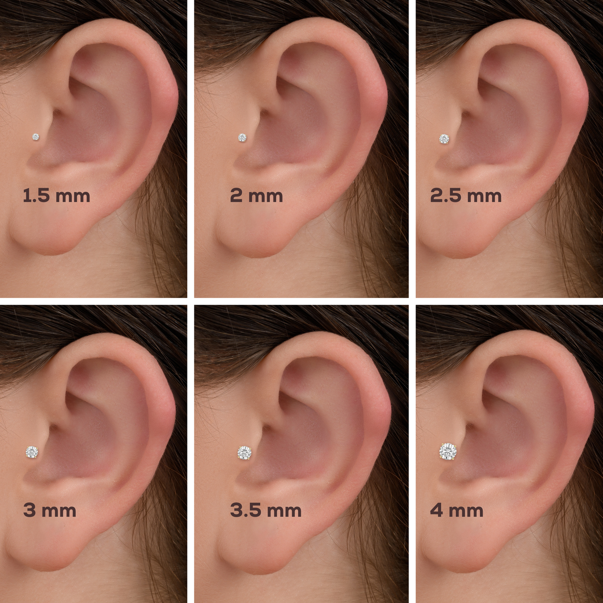 The image is a collage of six images showing the size of a person's ear with a diamond stud or earring inserted. The images are labeled with the size of the stud in millimeters, ranging from 1.5 mm to 4 mm.