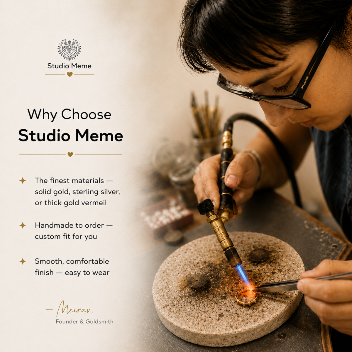 Why choose Studio Meme: fine materials, handmade to order, and a smooth, comfortable finish.