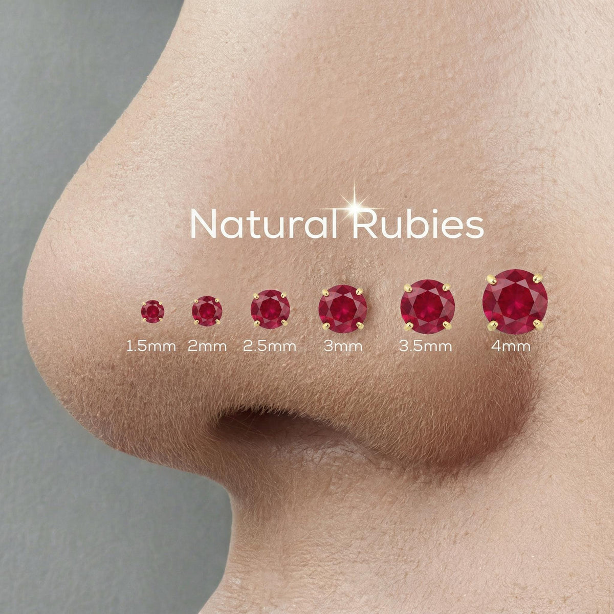 Ruby Nose Studs: a person's nose with a series of red gemstones placed at different sizes, ranging from 1.5mm to 4mm.