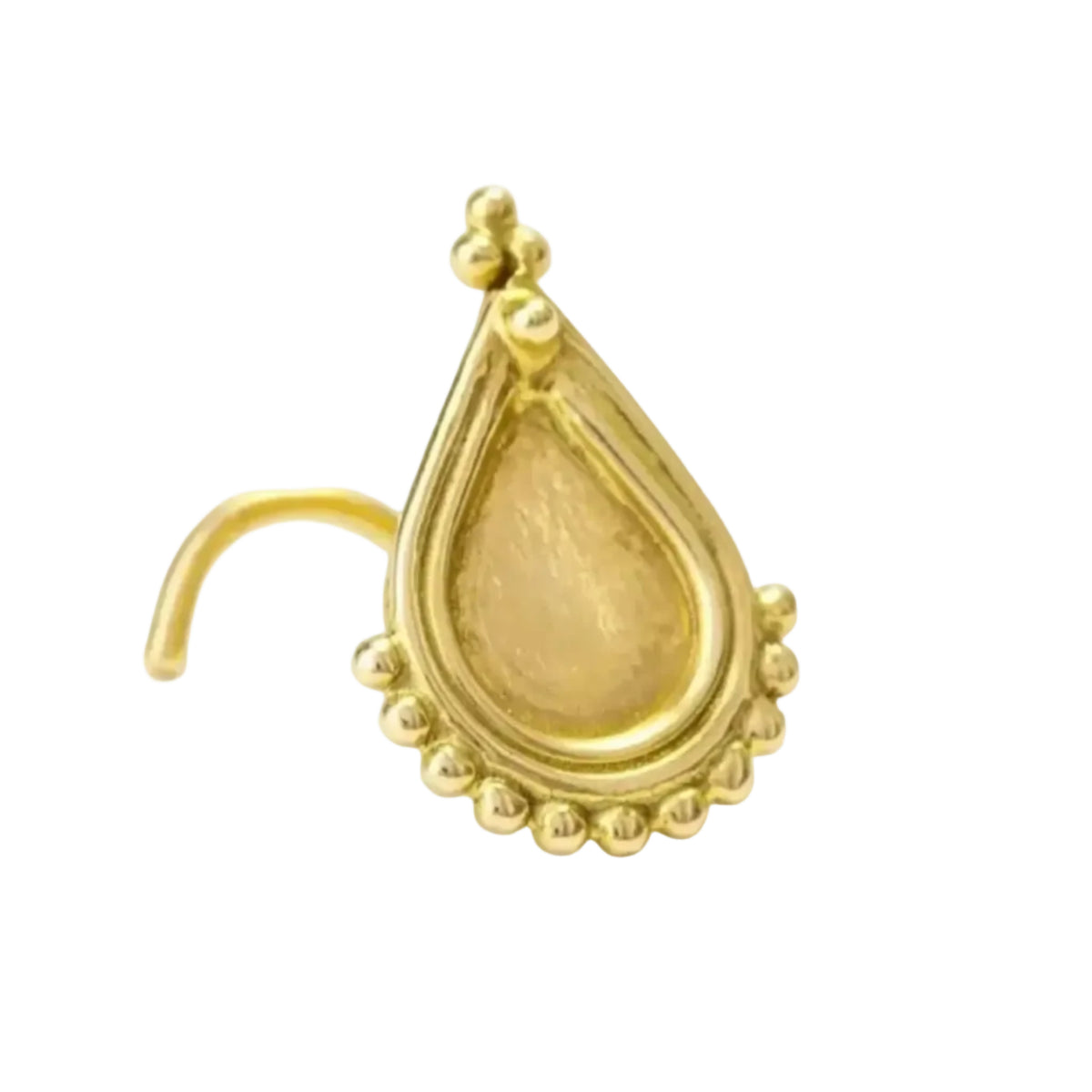 A gold-colored nose ring with a decorative pendant.