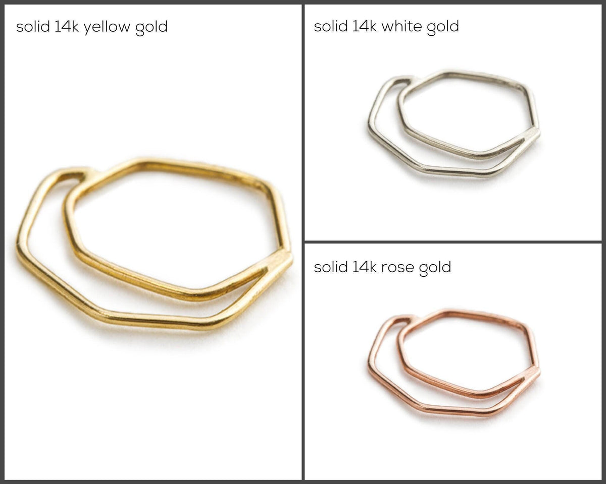 three different types of jewelry: solid 14k yellow gold, solid 14k white gold, and solid 14k rose gold.