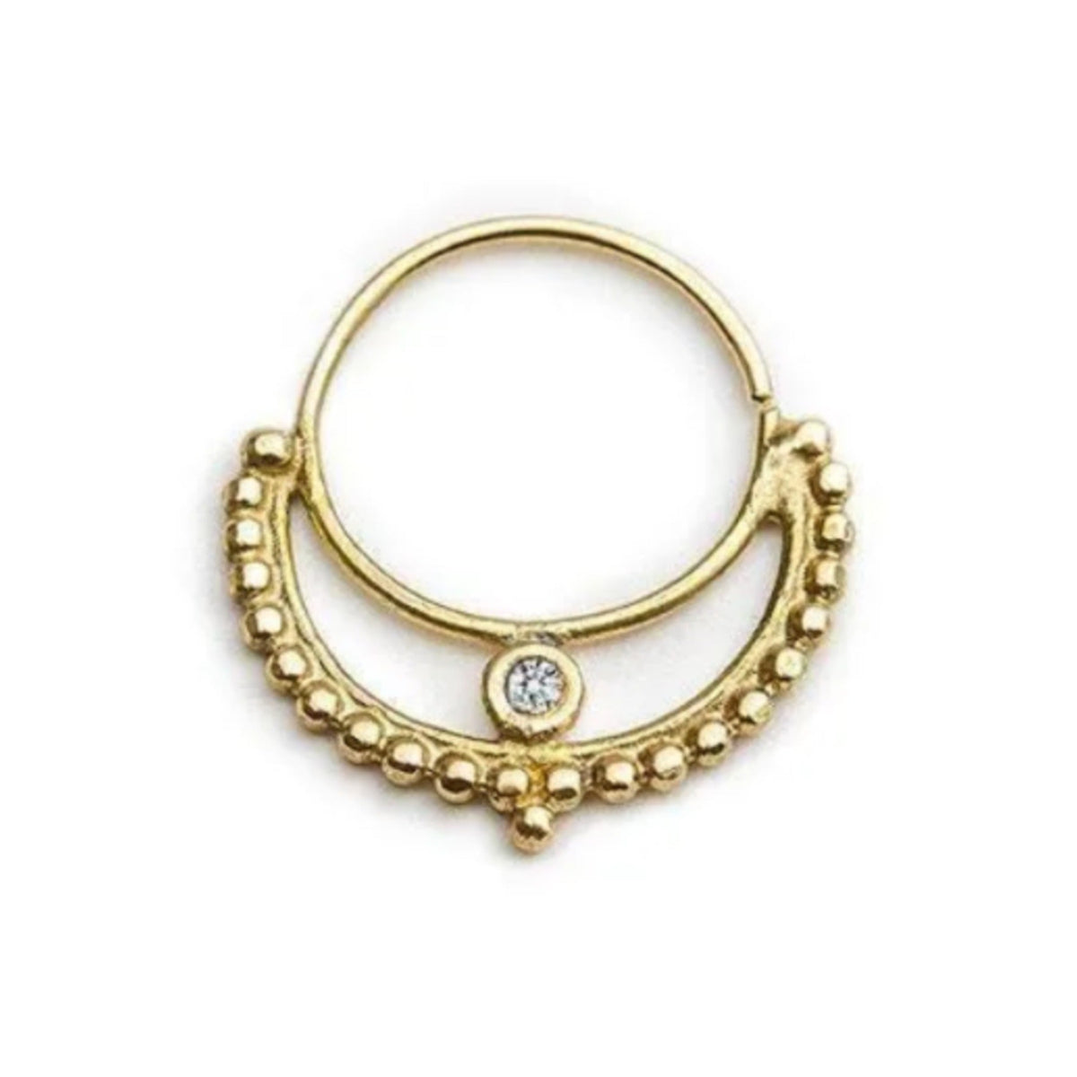 A gold-colored earring with a diamond at the center, featuring a decorative design with small beads around the outer edge.