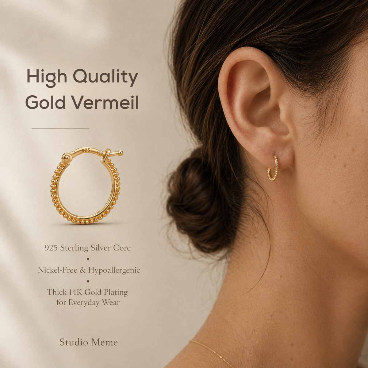 The image is a close-up of a woman's ear with a gold earring, accompanied by text describing the earring and its features.