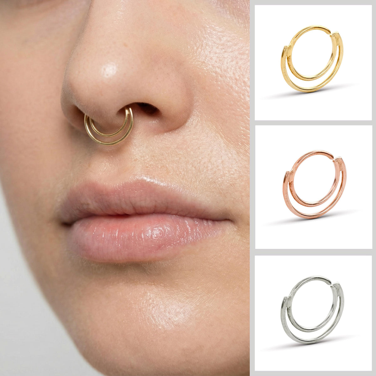 A close-up of a person's face with a nose ring, showcasing different colored nose rings.