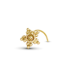 A gold-colored nose ring with a star-shaped design and small round beads.