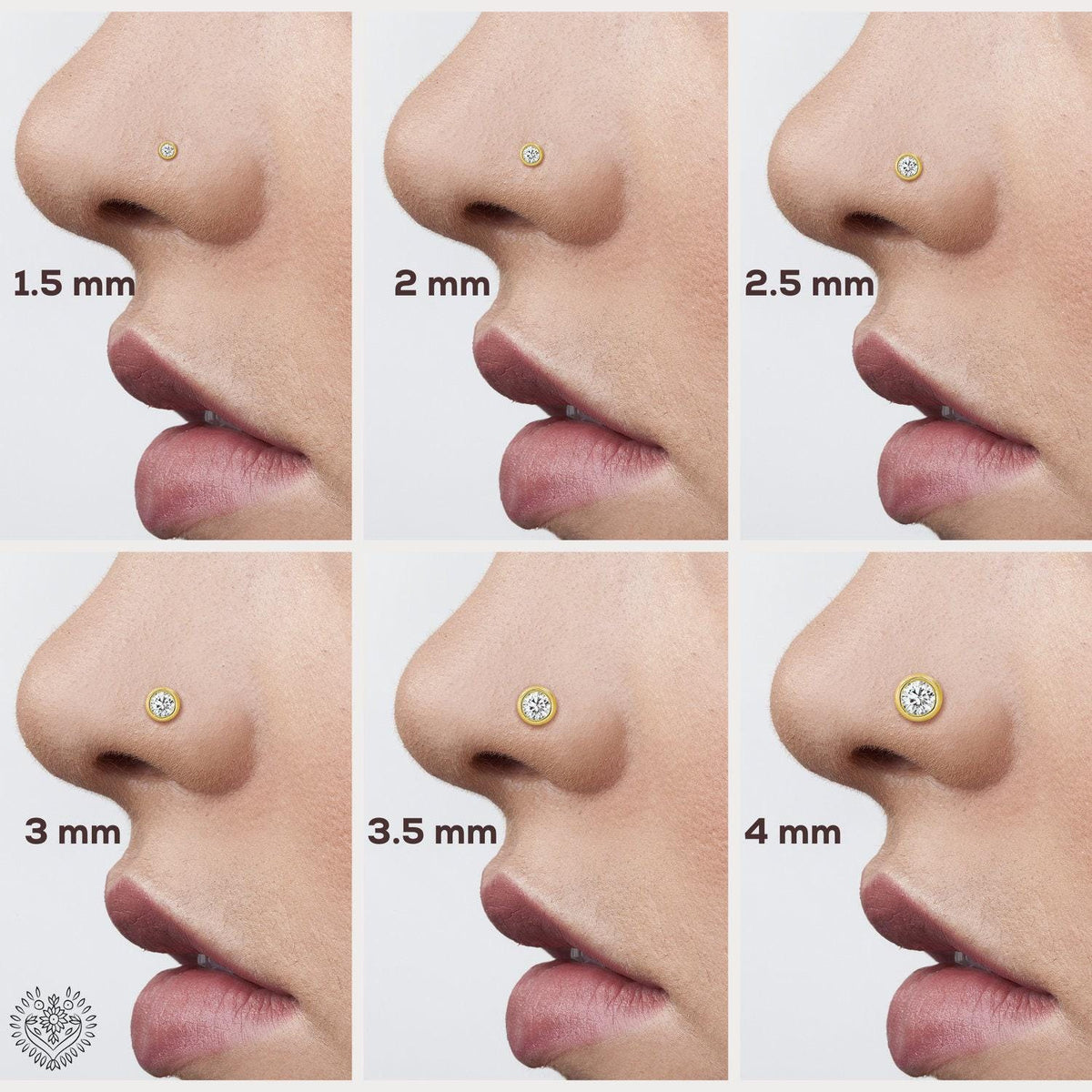 The image is a collage of six images showing the size of nose piercings in millimeters, ranging from 1.5 to 4.