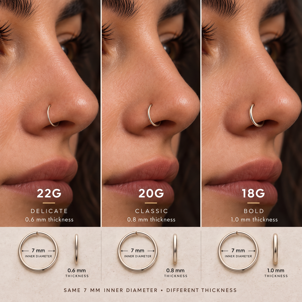 The image is a collage of three images showing different nose ring sizes, ranging from 22G to 18G, with corresponding ring thicknesses.