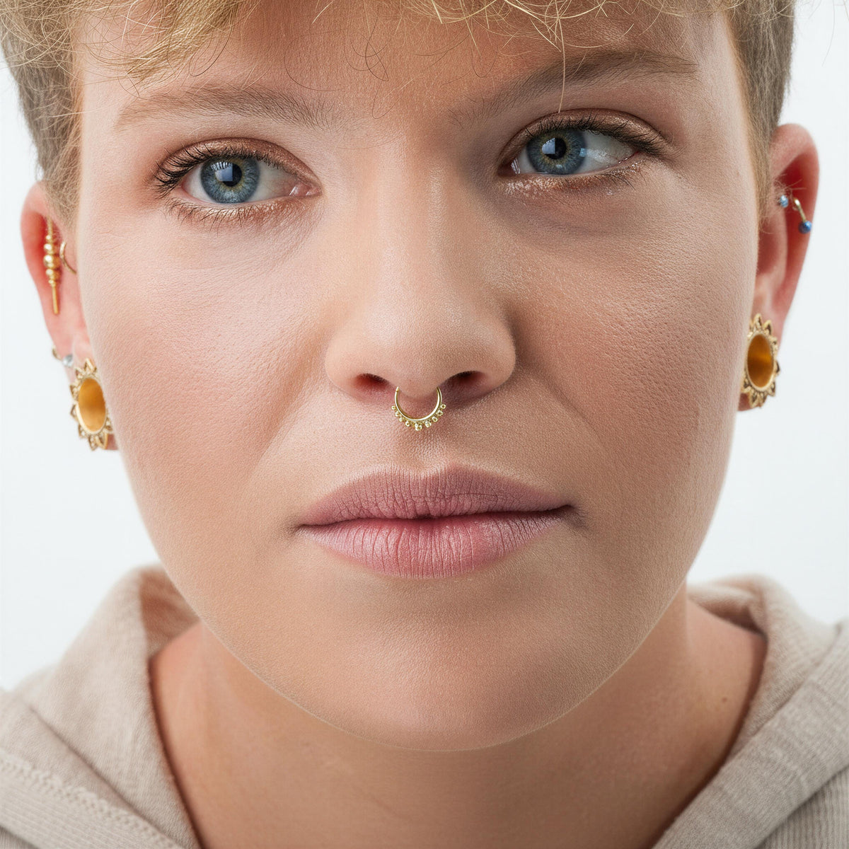 14k Gold Septum Ring - Tribal Indian Style Solid Gold Nose Jewelry Gift