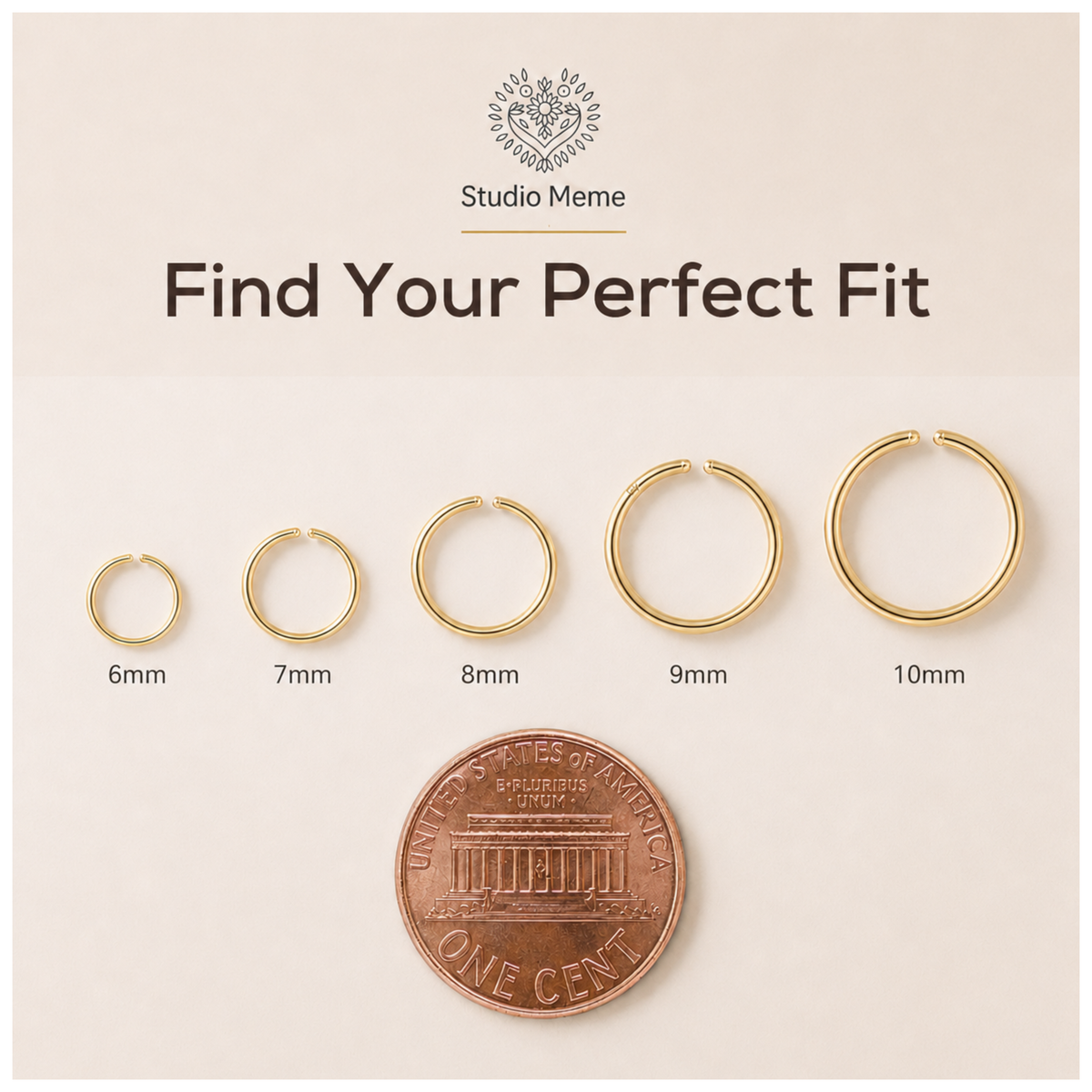 a series of gold hoop earrings in various sizes, ranging from 6mm to 10mm, with a penny placed in the center to represent the 10mm size.